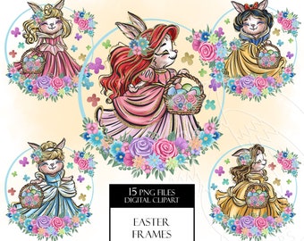 Cute Easter Bunny princess designs PNG. Happy Easter rabbit and spring. Fairy princesses clipart. Easter symbol. T-shirt designs digital art