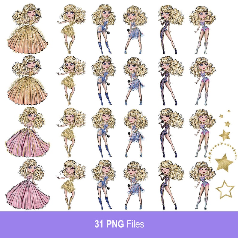 Super star singer girl digital clipart PNG. The most popular singer princess. Digital printable art, sublimation print, hand painted graphic image 2