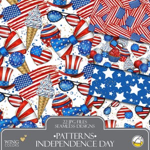 250th Anniversary USA Patriotic Seamless Patterns, Independence Day 4th of July, Red-White-Blue Sestercentennial Backgrounds