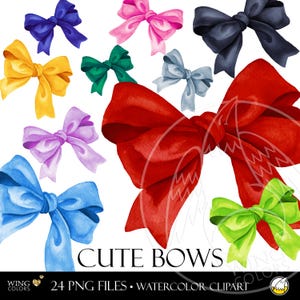 Gift Bows Watercolor Clip Art. Cute Bows Decoration for Kids Birthday Party, Greeting Card and Scrapbooking Hand Drawn Clipart Illustration