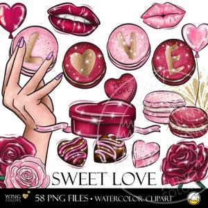 Clipart amour aquarelle Saint-Valentin. Célébration de l'amour - macarons, chocolats, coeurs de bonbons, roses. Clipart Illustration peinte à la main