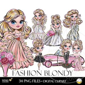 Różowa wieczorowa moda dla blondynki, cyfrowe cliparty. Kolekcjonerskie lalki w formalnych sukienkach. Królowa imprez, moda, księżniczka, ręcznie rysowana sztuka clipart