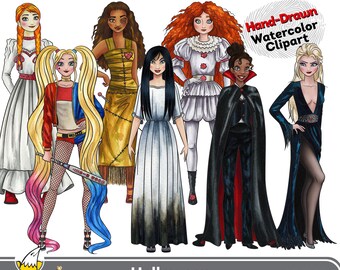 Halloween Spooky Princess Horror Clipart: Hand-Painted Watercolor Dark Gothic Fairytale Costume Party Character Art