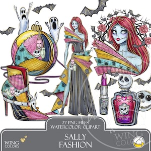 Aquarel gotische patchwork mode-clipart: Sally Glamour Stitched Queen-illustraties (handgetekende modeschets)