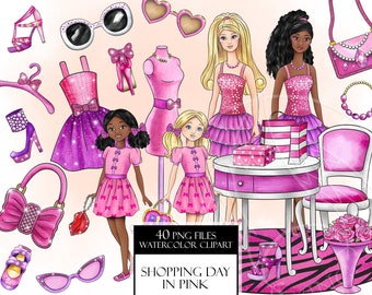 Shopping Day in Pink Watercolor clipart set. Pink Fashion girl. Cute pink doll in a cute pink world. Digital print, hand painted graphic PNG