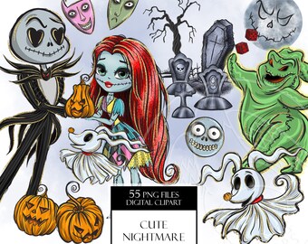 Cute Nightmare Halloween night digital art. Beautiful dead girl and skeleton love story. Fall spooky pumpkin. Hand drawn digital graphic PNG