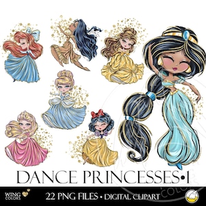 Fairytale Dancing Princess digitale illustraties. Baljurk voor kleine prinses. Handgetekende illustratie clipart voor meisjes dansfeest decoratie