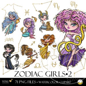 Space Girl Sternzeichen Symbol Aquarell Clip Art. Horoskop Symbole - Astrologie Sternbilder Waage zu Pisces handgezeichnete Illustrationen