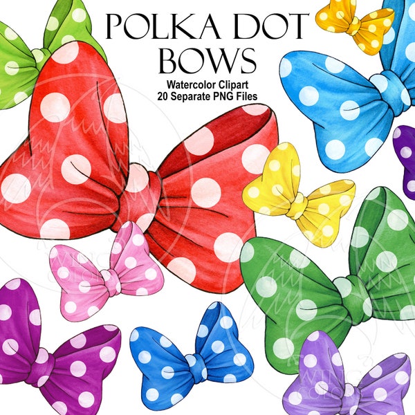 Watercolor Polka dot Bows Clipart Collection. Hand Painted Graphics, Design Element, Invitation, Greeting Card, Digital Printable art PNG