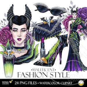 Dibujo de moda en acuarela. Estilo de moda de la reina villana Maléfica. Ilustración de zapatos y vestido de noche glamoroso dibujado a mano.
