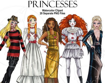Watercolor Halloween Princesses. Horror party girls. Nightmare. Digital prints, printable art, kids room decor, hand painted graphic, PNG