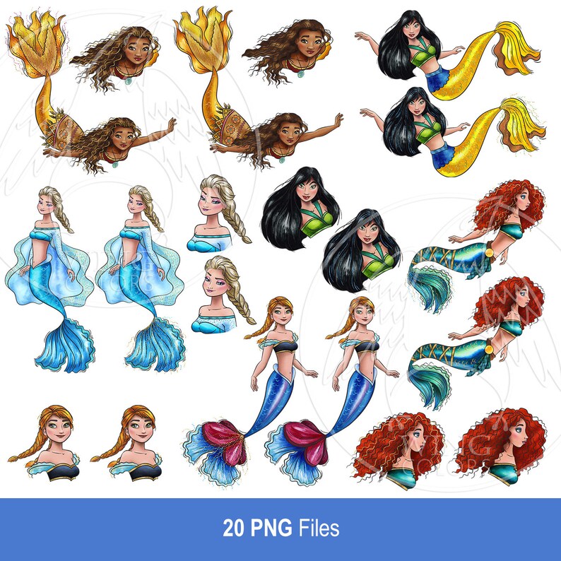 Watercolor Ocean Princesses clipart. Beautiful siren. Mermaid Princesses fantasy art. Digital print, printable art hand painted graphic, PNG image 2