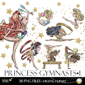 Olympische Turnerinnen Champion Princess Digital Clipart. Olympische Spiele Sieger Mädchen Hand gezeichnete digitale Clipart Illustrationen für Sportliebhaber