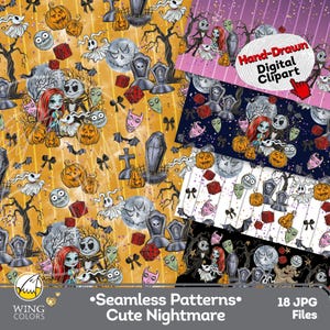 Nightmare Halloween Seamless Patterns Clipart: Gothic Ragdoll Jack and Sally, Hand-Drawn Skeleton Fabric Designs