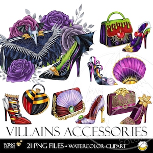 Clipart di illustrazioni di moda di accessori di cattivi ad acquerello. Borse e scarpe di diva glamour. Clip art di schizzi di moda disegnati a mano