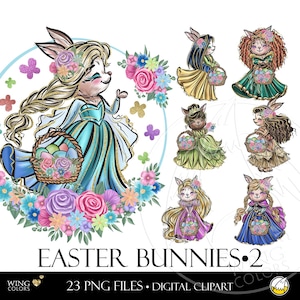 Osterhasen Prinzessin Bunnies Digital Clipart PNG - Niedliche Tiere in Ballkleidern mit Blumenkorb, Ostereier Hand gezeichnete Illustrationen Clip Art