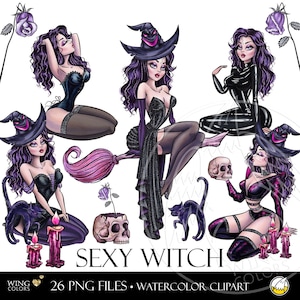 Aquarell Sexy Hexe Mädchen Clipart. Moderne schöne Hexe Hand gezeichnete digitale Illustration Clip Art für mystische erotische Vibes und Halloween Dekor