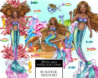 Cute Mermaid watercolor clipart. Ocean Princess. African-American beauty. Funny fishes. Watercolor art, Digital printable art, hand painted