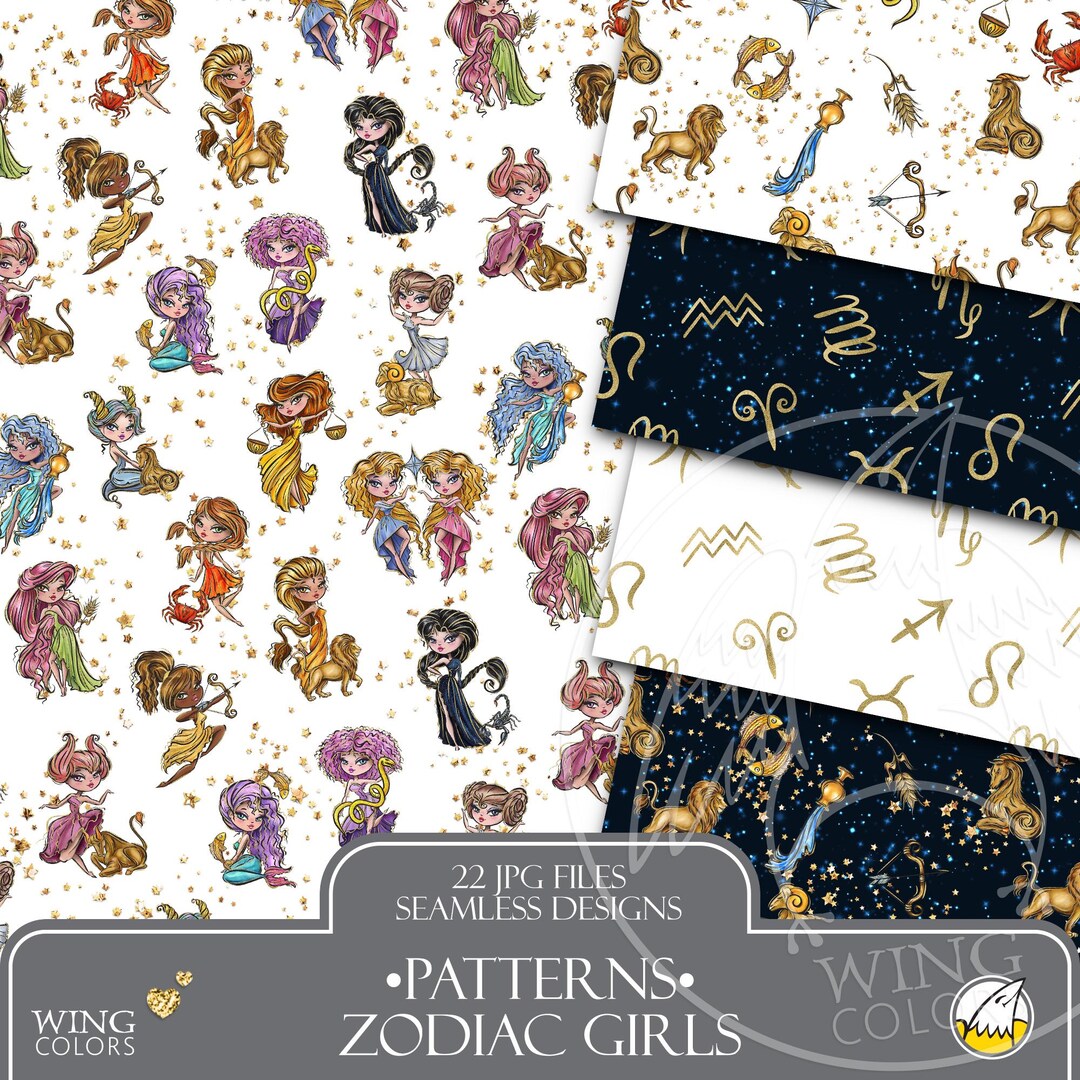 Zodiac Seamless Patterns: Hand-drawn Gold Celestial Girl, Astrology ...
