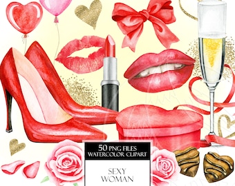 Valentine's Day. Red Shoes, Roses. Chocolate, Hearts, Lipstick. Sexy Woman. Digital prints, invitation, post card, hand painted graphic, PNG