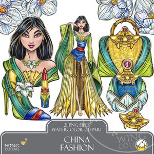 May include: Watercolor clipart set featuring a woman in a green and gold dress, a high-heeled shoe, lipstick, a purse, and a perfume bottle. The text "China Fashion" is displayed on a gray banner. White flowers are in the background.
