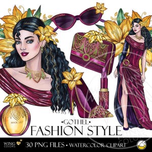 Aquarel mode schurk Clip Art PNG. Mother Gothel luxe koningin avondjurk en stijl accessoires. Handgetekende modeschets clipart