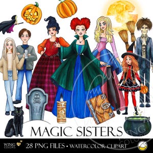 Clipart aquarelle magique de nuit d'Halloween entre soeurs sorcières. Sorts sombres, objets magiques et pouvoirs de sorcellerie Illustrations dessinées à la main PNG PNG