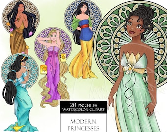 Modern style Princesses clipart. Watercolor princesses clipart. Beautiful style girls. Digital prints, printable art, sublimation print PNG