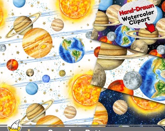Watercolor Solar System Seamless Patterns: Galaxy Planets Scrapbook Kit, Hand-Painted Astronomy Wallpaper Clipart