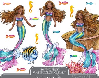 Clipart aquarel Afro-Amerikaanse zeemeermin prinses: handgeschilderd zwart meisje magische zeemeermin Fantasy Ocean, aquarel png