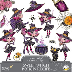 Chibi Witch Digital Halloween Clipart - Kawaii Witch, Black Cat, Potion Recipe Hand-Drawn Clip Art