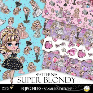 Roze mode meisje naadloze patronen. Vrouwelijke kunst en trendy prints - Party Queen en modeprinses Blonde pop stofontwerpen Clip Art