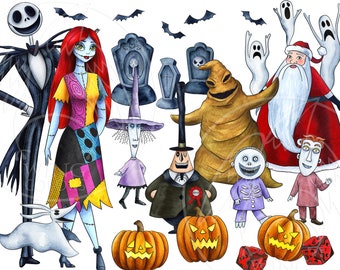 Watercolor Halloween Nightmare Clipart. Other World Love. Ghost, cemetery, pumpkin. Digital prints, printable art, hand painted graphic, PNG