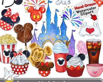 Watercolor Theme Park Foods Clipart - Hand-Painted Magical Castle, Mouse Ears Cupcakes, Street Carnival Snacks