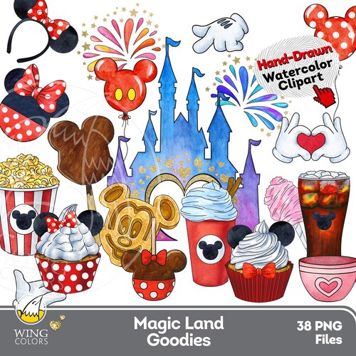 Watercolor Theme Park Foods Clipart - Hand-Painted Magical Castle, Mouse Ears Cupcakes, Street Carnival Snacks