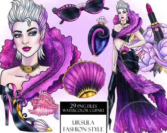 Ocean Queen Fashion lady clipart. Watercolor clipart. Diva Ursula fashion style. Fashionable accessories clip art. Hand painted graphic PNG