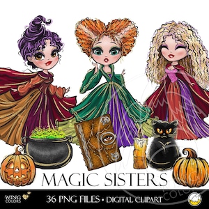 Magical Witch Sisters Clipart Set: Perfect for Halloween Party Decor & T-shirt Design. Cute Witches Hand Drawn Digital Illustration Clip Art
