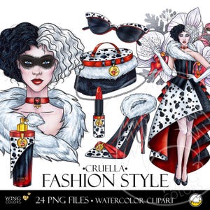 Aquarell Bösewicht Fashion-Skizze Clip Art. EleganteDrag Queen Schönheit - Grausame Dalmatiner Diva. Handgezeichnete Mode Illustration Clip Art PNG