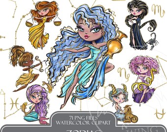 Watercolor Zodiac Girl Clipart: Celestial Goddess Zodiac Signs, Horoscope Astrology Symbols (Hand-Painted Planner Stickers)