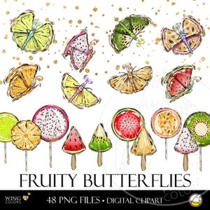 Fantasy Fruit Schmetterlinge Digital Clipart - Summer Sweet Lollipop & Fruit Juice Lolly. Sommer Vibe Handgezeichnete Illustration für Kinder Clip Art