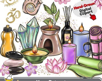 Yoga Relaxation Symbols Clipart: Lotus, Aroma Lamps, Candles. Hand-Drawn Wellness Meditation Spiritual Planner Stickers