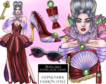 Luxury Diva Watercolor clipart PNG. Stepmother inspiration fashion style. Red carpet dress and accessories PNG. Hand painted clip art PNG