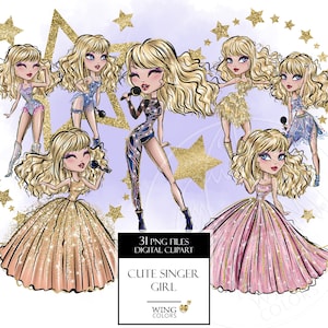 Super star singer girl digital clipart PNG. The most popular singer princess. Digital printable art, sublimation print, hand painted graphic image 1