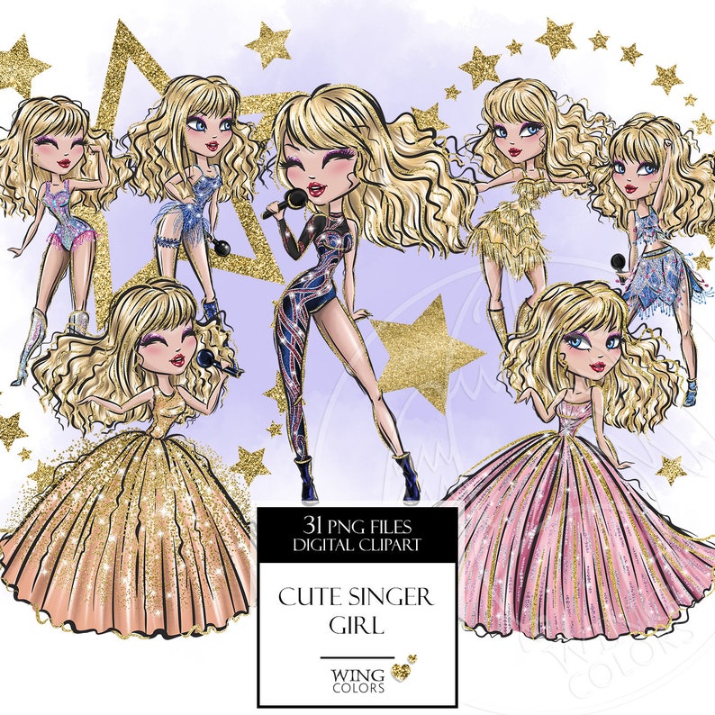 Super star singer girl digital clipart PNG. The most popular singer princess. Digital printable art, sublimation print, hand painted graphic image 1