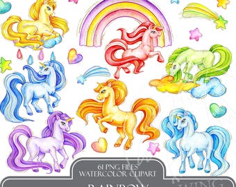 Watercolor Rainbow Unicorn Clipart: Pastel Magical Pony Graphics, Fantasy Horses Hand-Painted Illustration Clip Art