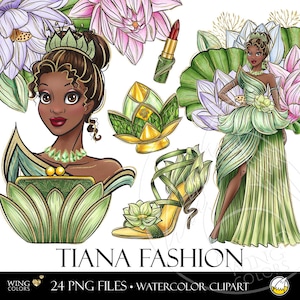 Tiana Fashion Illustration Watercolor Clipart. Afroamerykańska piękna księżniczka Haute Couture Style Rysowany ręcznie szkic mody Clip Art
