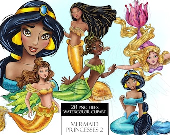 Cute mearmaids clipart set. Watercolor Princesses art. Ocean Princess. Cute sirens. Digital print, printable art, hand painted graphic, PNG