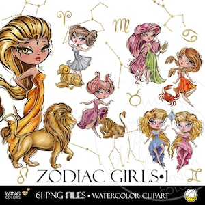 Zodiac Symbol Sign Girl Watercolor Clip Art. Horoscope Symbols - Astrology Constellations Aries to Virgo Hand Drawn Clipart Illustrations