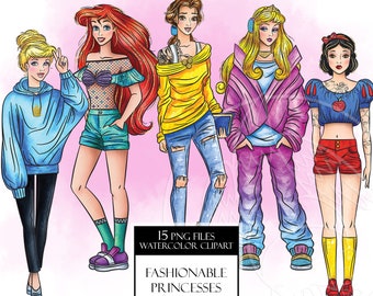 Fashionable princesses watercolor clipart. Girls in fashionable outfits clip art. Casual fashion queens. Hand drawn watercolor graphic, PNG