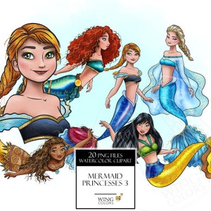 Watercolor Ocean Princesses clipart. Beautiful siren. Mermaid Princesses fantasy art. Digital print, printable art hand painted graphic, PNG image 1